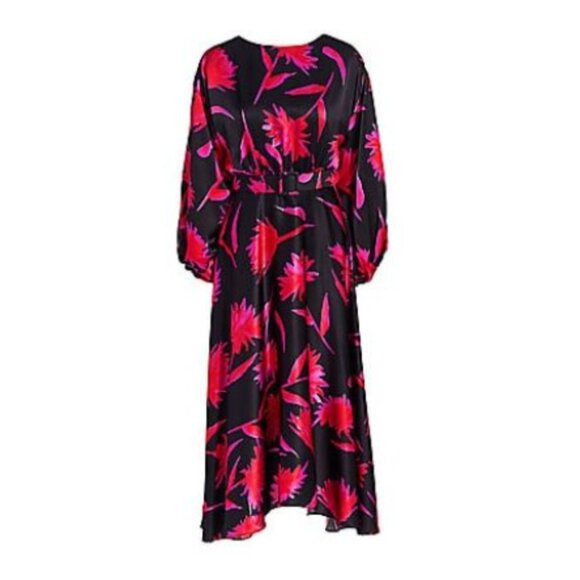 NWT Saloni Kim B Midi Dress Womens 0 Pink Black Silk Belted Long Sleeve NEW - Picture 1 of 15